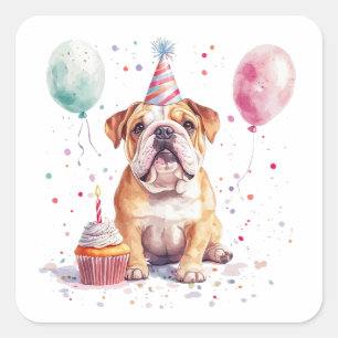 Sticker Carré Joyeux Anniversaire Bouledogue Anglais