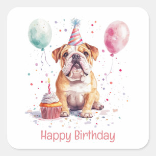 Sticker Carré Joyeux Anniversaire Bouledogue Anglais