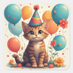 Sticker Carré Joyeux Anniversaire Chat Avec Ballons De Fête Et A