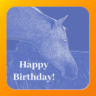 Sticker Carré Joyeux Anniversaire Cheval Bleu tête