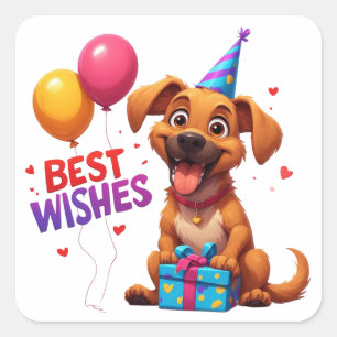 Sticker Carré 🐶 Joyeux Anniversaire Chien Avec Ballons Cadeaux