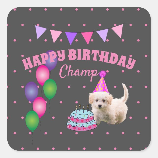 Sticker Carré Joyeux Anniversaire chien mignon avec pois de gâte (Devant)