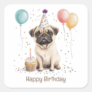 Sticker Carré Joyeux Anniversaire Chien Pug