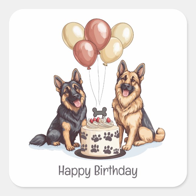 Sticker Carré Joyeux Anniversaire Chiens berger allemands Gâteau (Devant)