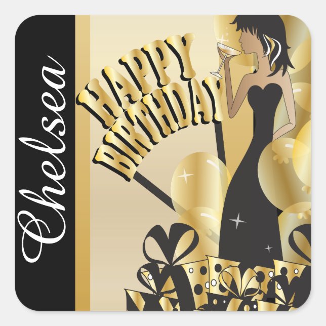 Sticker Carré Joyeux anniversaire Cocktail Girl | Nom do-it-your (Devant)