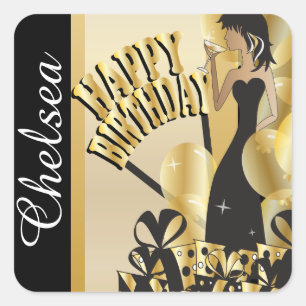 Sticker Carré Joyeux anniversaire Cocktail Girl   Nom do-it-your