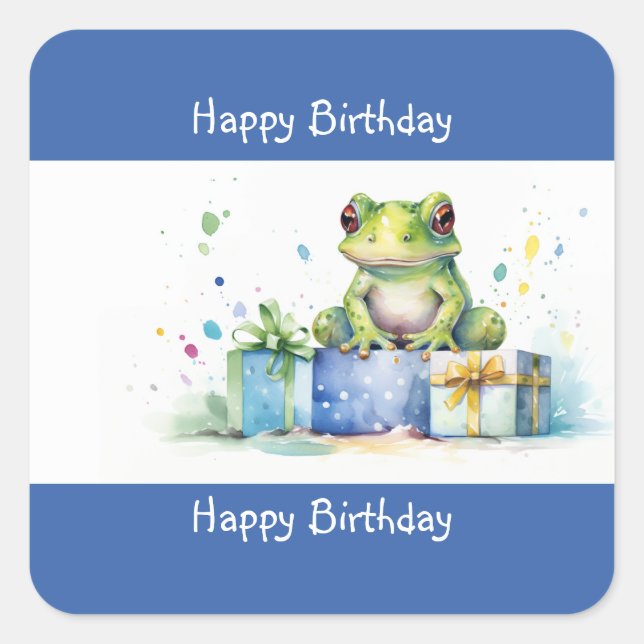 Sticker Carré Joyeux Anniversaire Cute Grenouille verte avec cad (Devant)