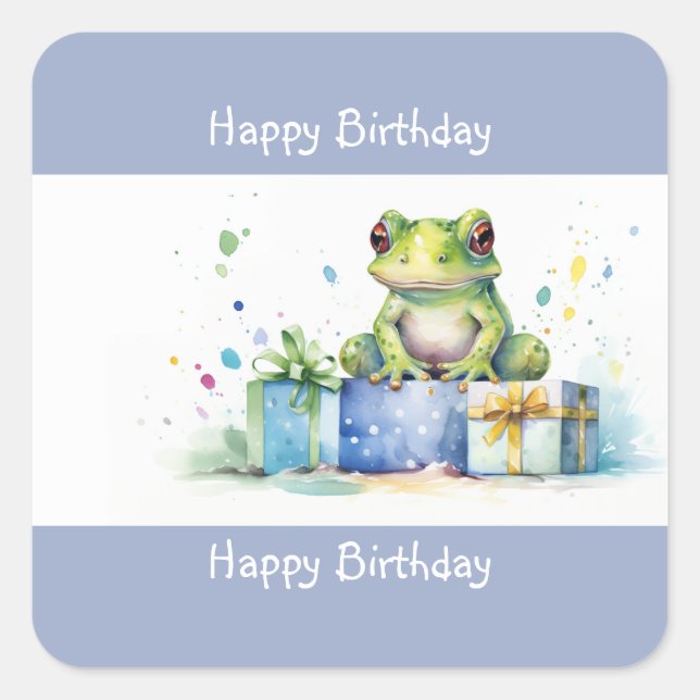 Sticker Carré Joyeux Anniversaire Cute Grenouille verte avec cad (Devant)