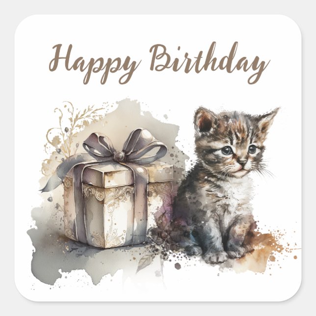 Sticker Carré Joyeux anniversaire | Cute Grey Kitten et Cadeau (Devant)