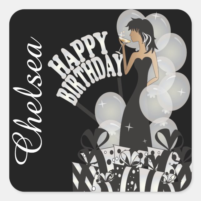 Sticker Carré Joyeux anniversaire Diva Girl | Nom do-it-yourself (Devant)