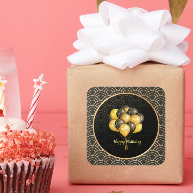 Sticker Carré Joyeux anniversaire, élégant noir et or, (Fête)