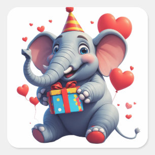 Sticker Carré Joyeux Anniversaire Éléphant Mignon Avec Cadeau 🎁
