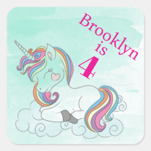Sticker Carré Joyeux Anniversaire Enfant Licorne Arc-en-Ciel Mig