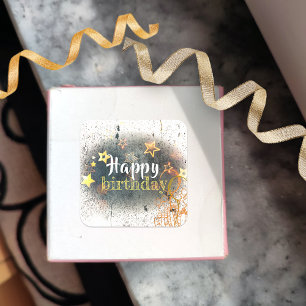 Sticker Carré Joyeux Anniversaire Étoiles Ballons Et Cadeaux