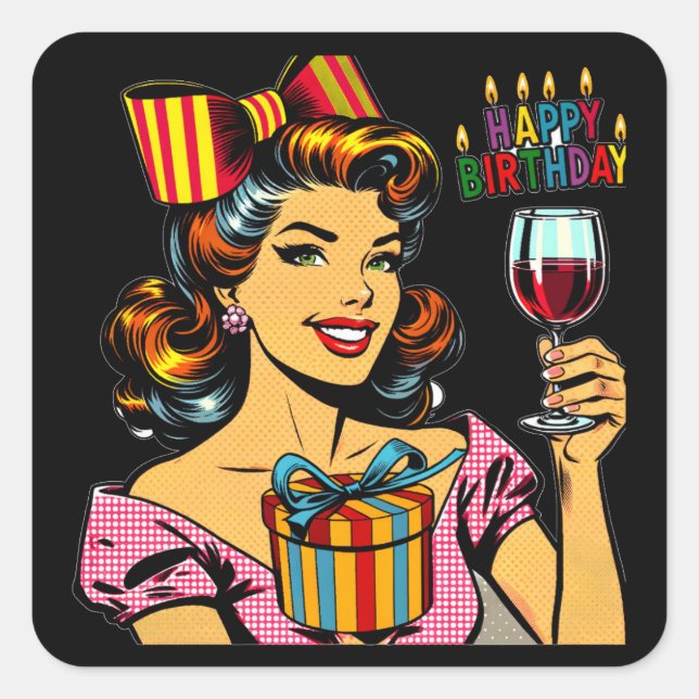 Sticker Carré Joyeux anniversaire | Femme rétro (Devant)