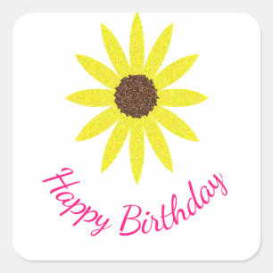 Sticker Carré Joyeux Anniversaire Floral Tournesol Fleur Jaune R