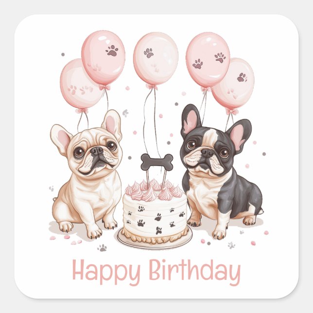 Sticker Carré Joyeux Anniversaire Français Bulldogs Anniversaire (Devant)
