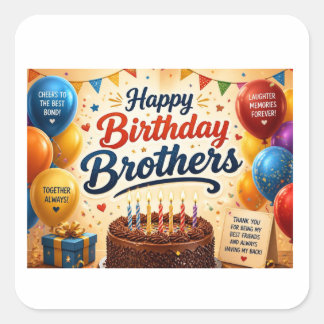 Sticker Carré Joyeux Anniversaire Frères Célébration Ballons Gât