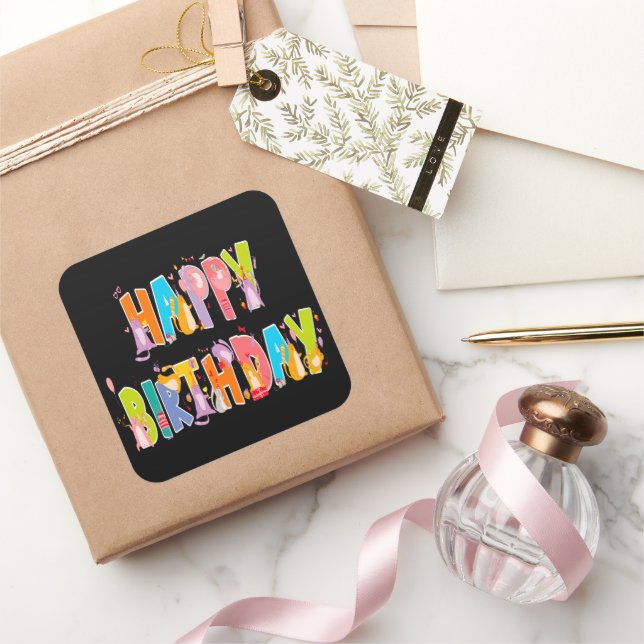 Sticker Carré Joyeux anniversaire Funny Amoureux des chats Anniv (Cadeaux)