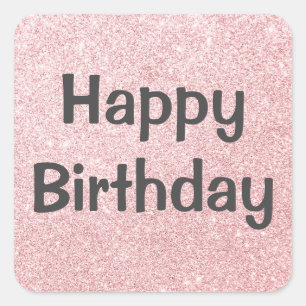 Sticker Carré Joyeux Anniversaire Glamour Rose Doré Paillettes F