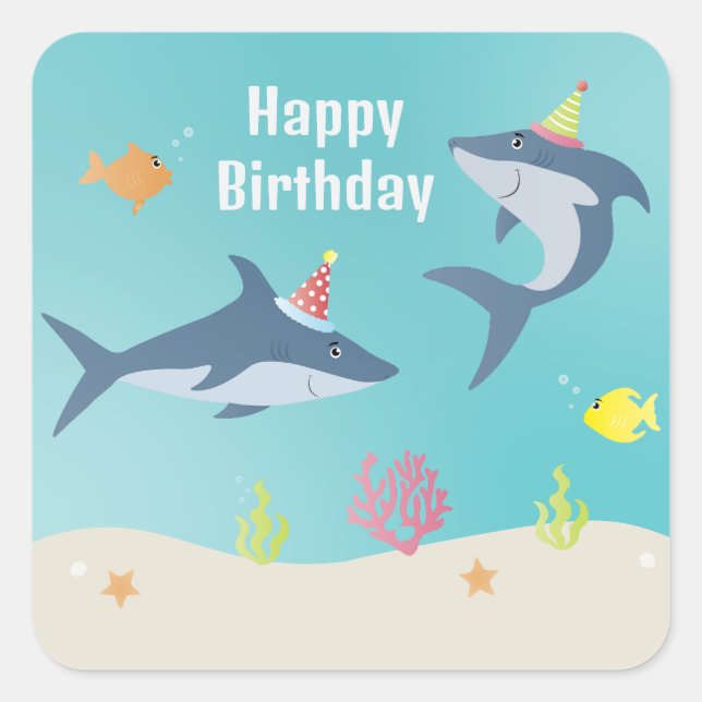 Sticker Carré Joyeux anniversaire grand requin blanc dessin (Devant)