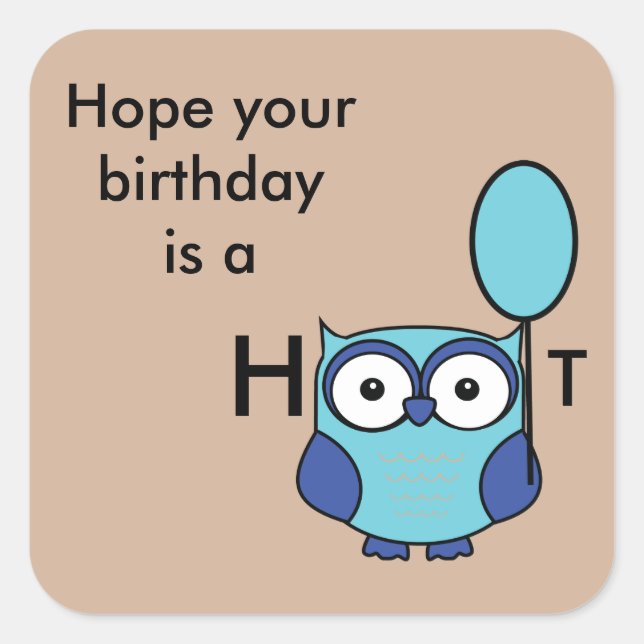 Sticker Carré Joyeux Anniversaire Hibou bleu et Aqua (Devant)