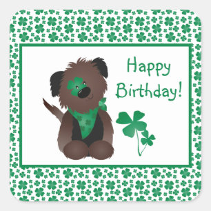 Sticker Carré Joyeux Anniversaire Jour Chien Shamrock Vert