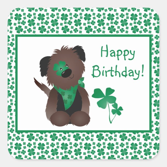 Sticker Carré Joyeux Anniversaire Jour Chien Shamrock Vert (Devant)