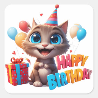 Sticker Carré Joyeux Anniversaire Kitty Avec Boîte Cadeau 🐱