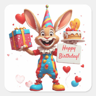 Sticker Carré Joyeux Anniversaire Lapin Avec Boîte Cadeau 🥳