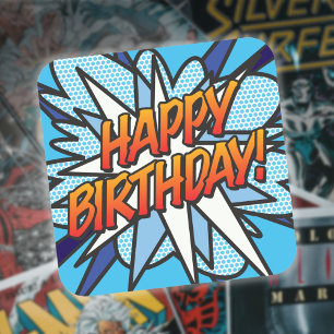 Sticker Carré Joyeux Anniversaire Livre de Bande Dessinée Rétro