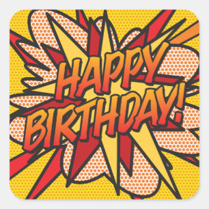 Sticker Carré Joyeux Anniversaire Livre de Bande Dessinée Rétro