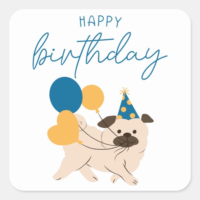 Sticker Carré Joyeux anniversaire mignon chien et ballons simple (Devant)