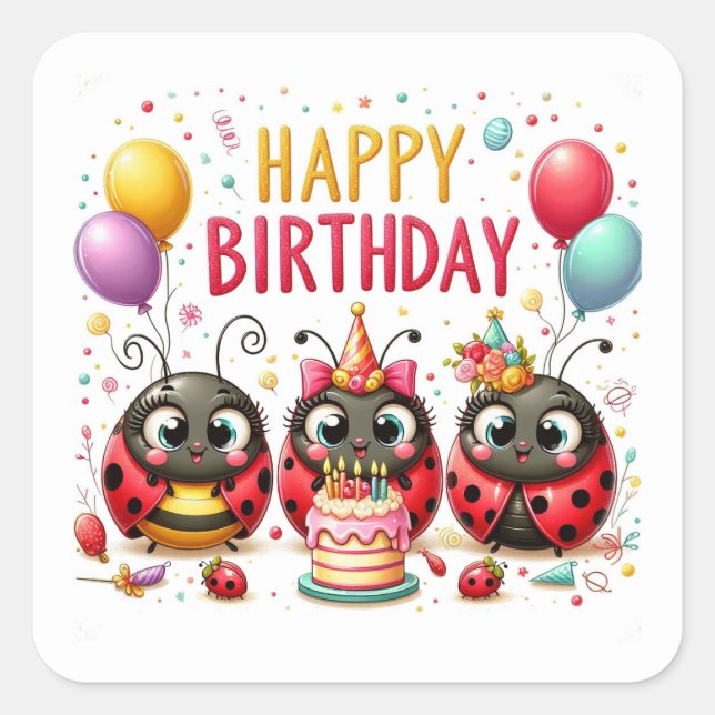 Sticker Carré Joyeux anniversaire mignonne Ladybugs célébrant (Devant)