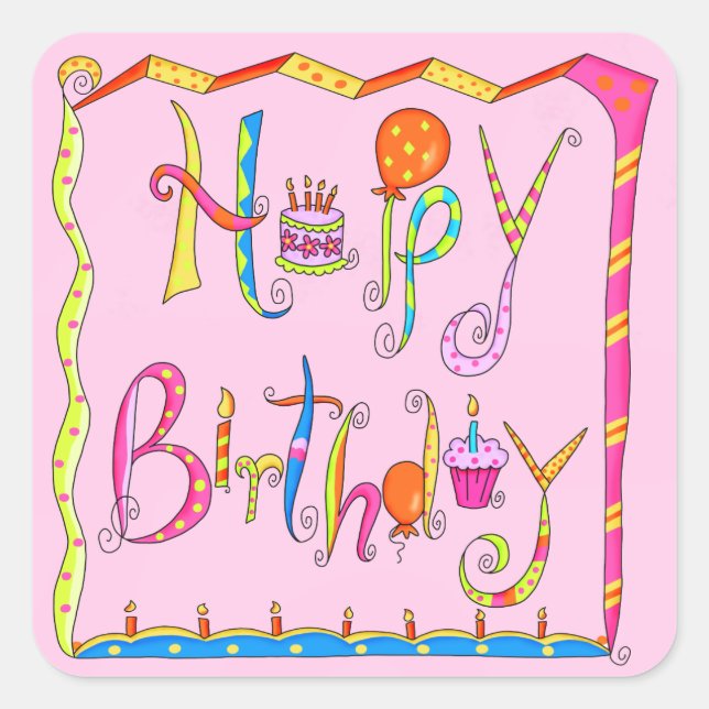 Sticker Carré Joyeux Anniversaire Mot Art rose Balloon Art (Devant)