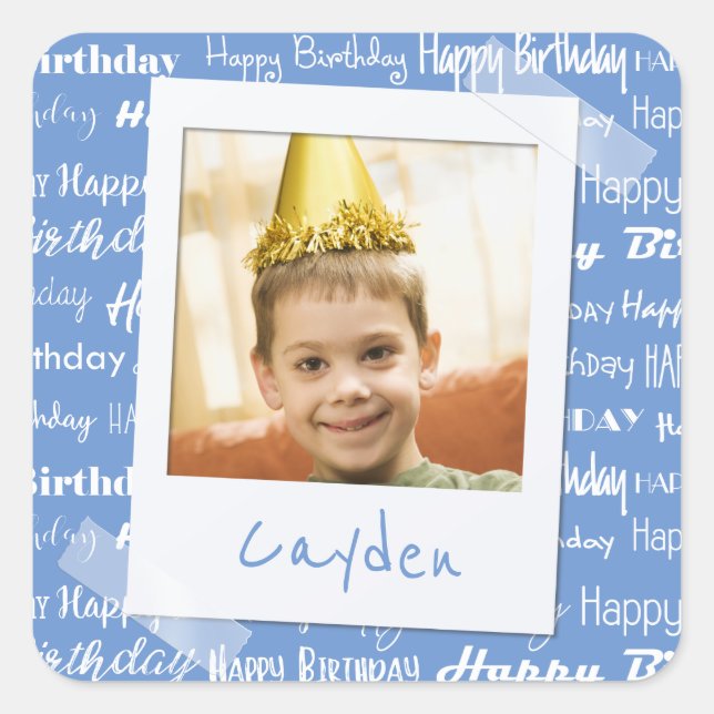 Sticker Carré Joyeux anniversaire Motif Blue Party Enfants Photo (Devant)