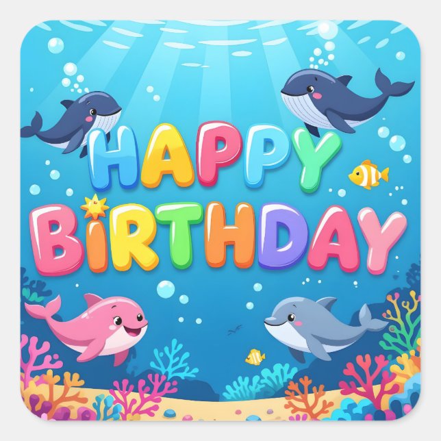 Sticker Carré Joyeux anniversaire nautique dauphin mignon (Devant)