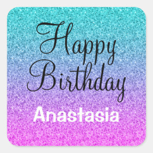 Sticker Carré Joyeux Anniversaire Ombré Rose Bleu Violet Paillet