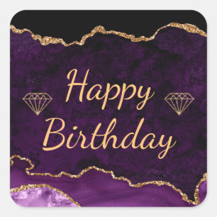 Sticker Carré Joyeux Anniversaire Paillettes Violet et Or Agate