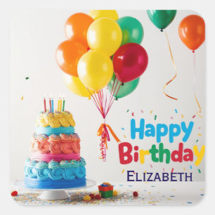 Sticker Carré Joyeux Anniversaire pour Enfants - Gâteau de Ballo