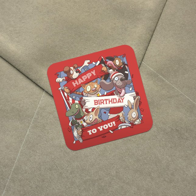 Sticker Carré Joyeux Anniversaire Pour Vous Fans Animaux Rouge & (Créateur téléchargé)