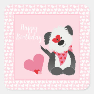 Sticker Carré Joyeux anniversaire Puppy Heart Motif rose