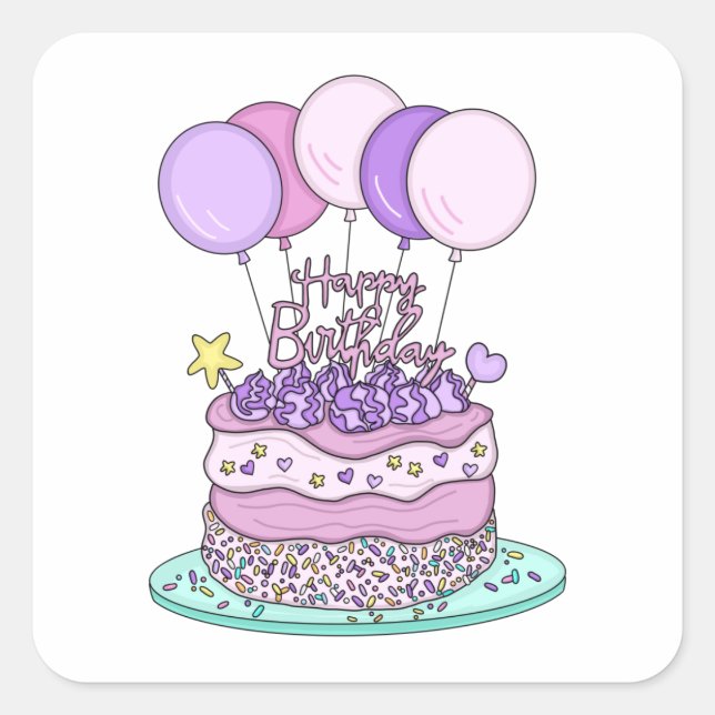 Sticker Carré Joyeux anniversaire rose et violet (Devant)