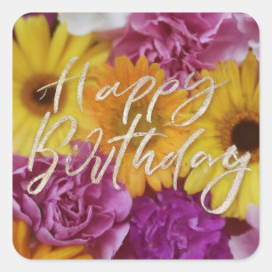 Sticker Carré Joyeux Anniversaire Vibrant Fleurs de Printemps co