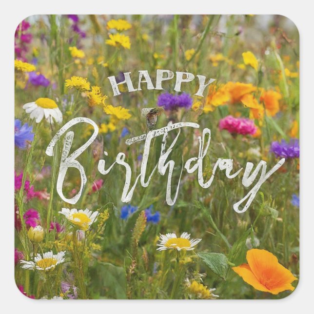 Sticker Carré Joyeux Anniversaire Vibrant Fleurs de Printemps co (Devant)