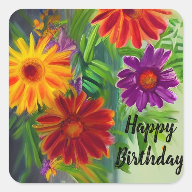 Sticker Carré Joyeux Anniversaire Vibrant Fleurs de Printemps co (Devant)