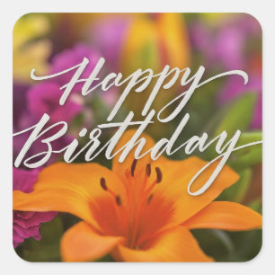 Sticker Carré Joyeux Anniversaire Vibrant Fleurs de Printemps co