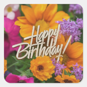 Sticker Carré Joyeux Anniversaire Vibrant Fleurs de Printemps co