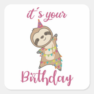 Sticker Carré Joyeux Anniversaire Vous Souhaite Sloth Mignonne