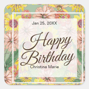 Sticker Carré Joyeux anniversaire Zinnia Flowers